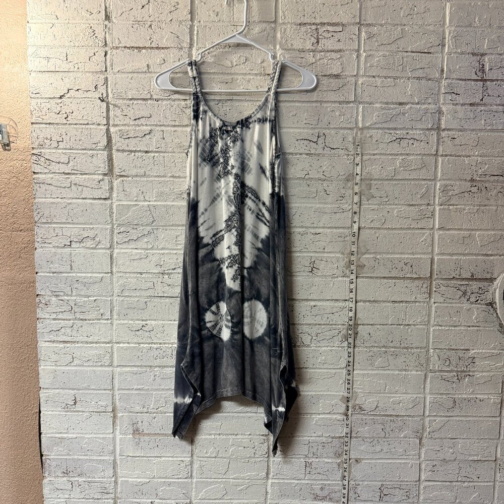 Indie Boutique Tie Dye Tunic Dress Boho Handkerchief Hem Black Gray Free Size